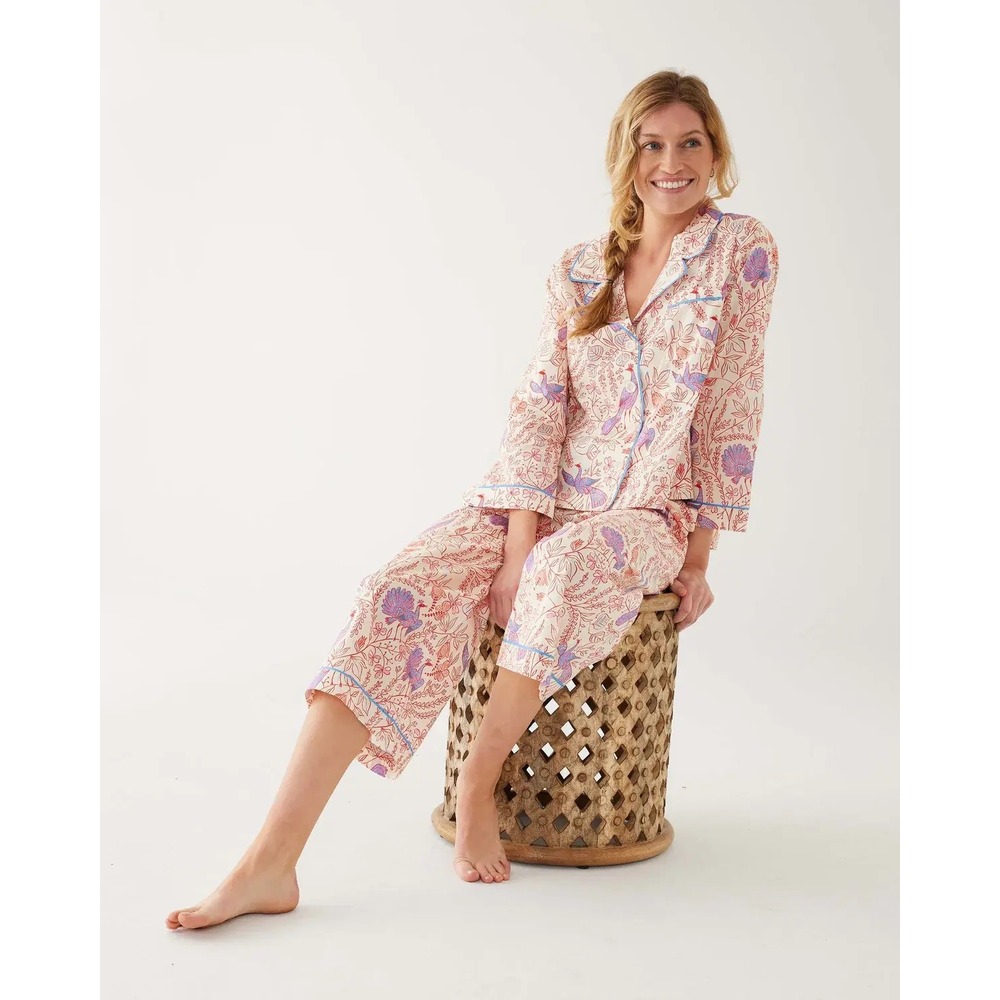 Mersea Over The Cotton Moon Pajama Set Medium Peacock Vines Floral 2 Piece Set